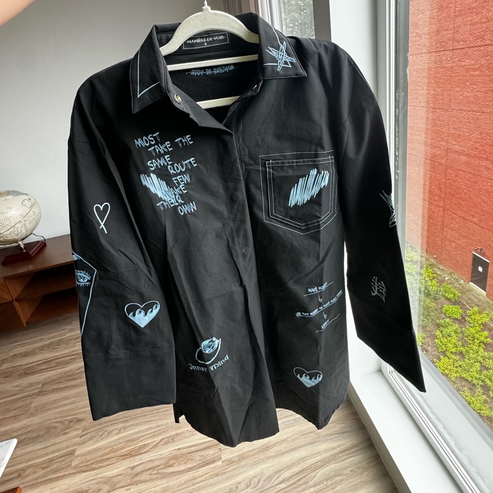 Manière De Voir Black Buttoned Oversized Shirt/Dress with Blue Handmade Details